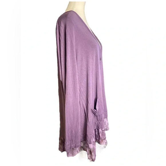 LOGO by Lori Goldstein button front knit cardigan with water colored sheer trim - Picture 3 of 8